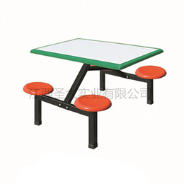 塑料不锈钢圆凳方桌连体餐桌椅  