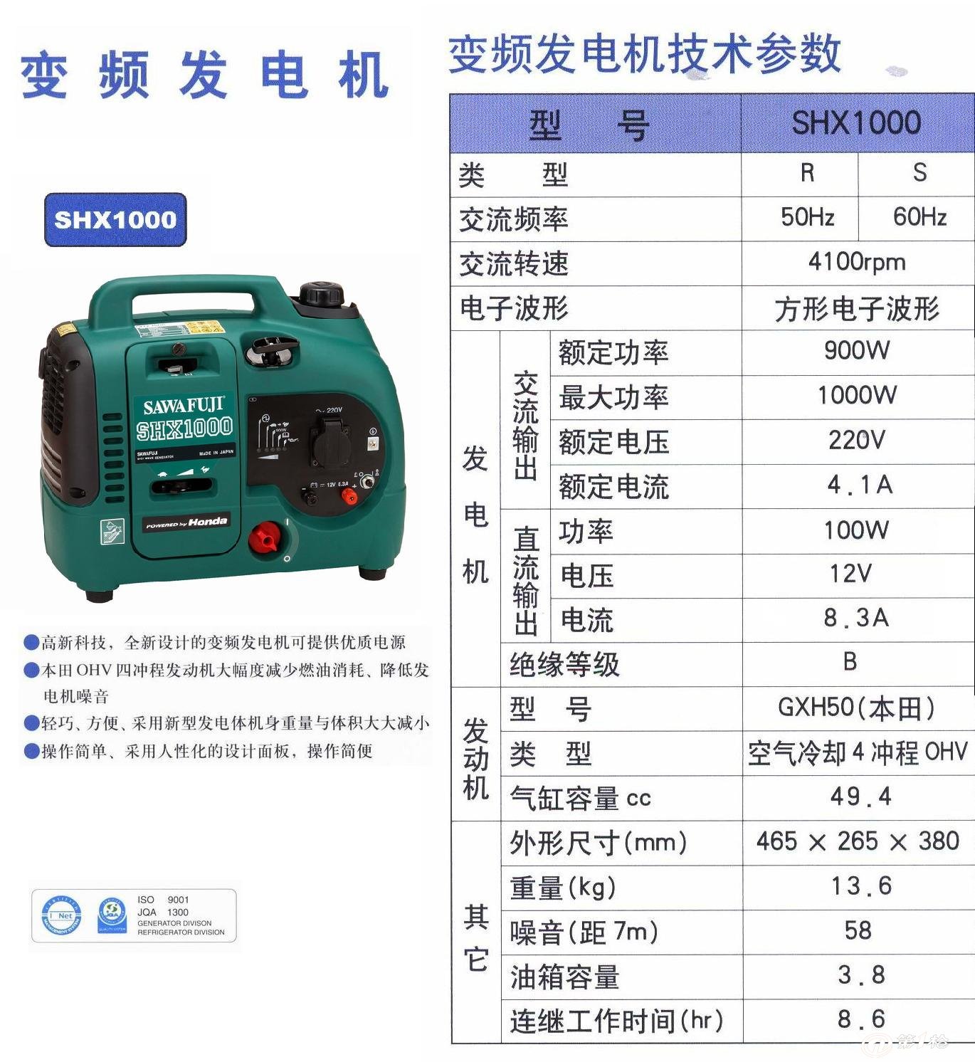 进口泽藤shx1000数码变频静音汽油发电机