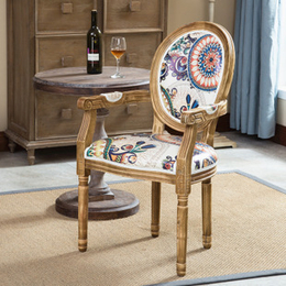 圆背软包扶手仿古餐椅 欧式时尚实木做旧咖啡厅椅子
