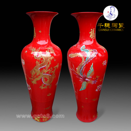 陶瓷中国红大花瓶  红色大花瓶中国红