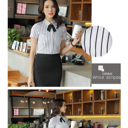 修身时尚韩版显瘦白色门襟打条白领职业女短袖衬