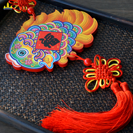 福人福地中式红色-七彩福鱼木质挂件中国结室内挂饰