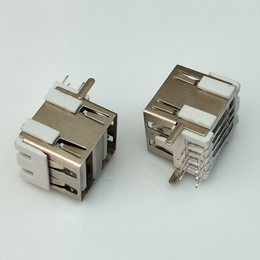 双层USB2.0母座 4P90度DIP两脚固定铜铁壳直边白胶 