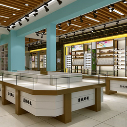 青海眼镜店设计 木质层板钢木结合眼镜高柜 厂家制造
