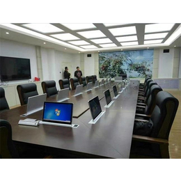 文昌会议桌-6人位会议桌升降显示器-格创实木升降会议桌厂